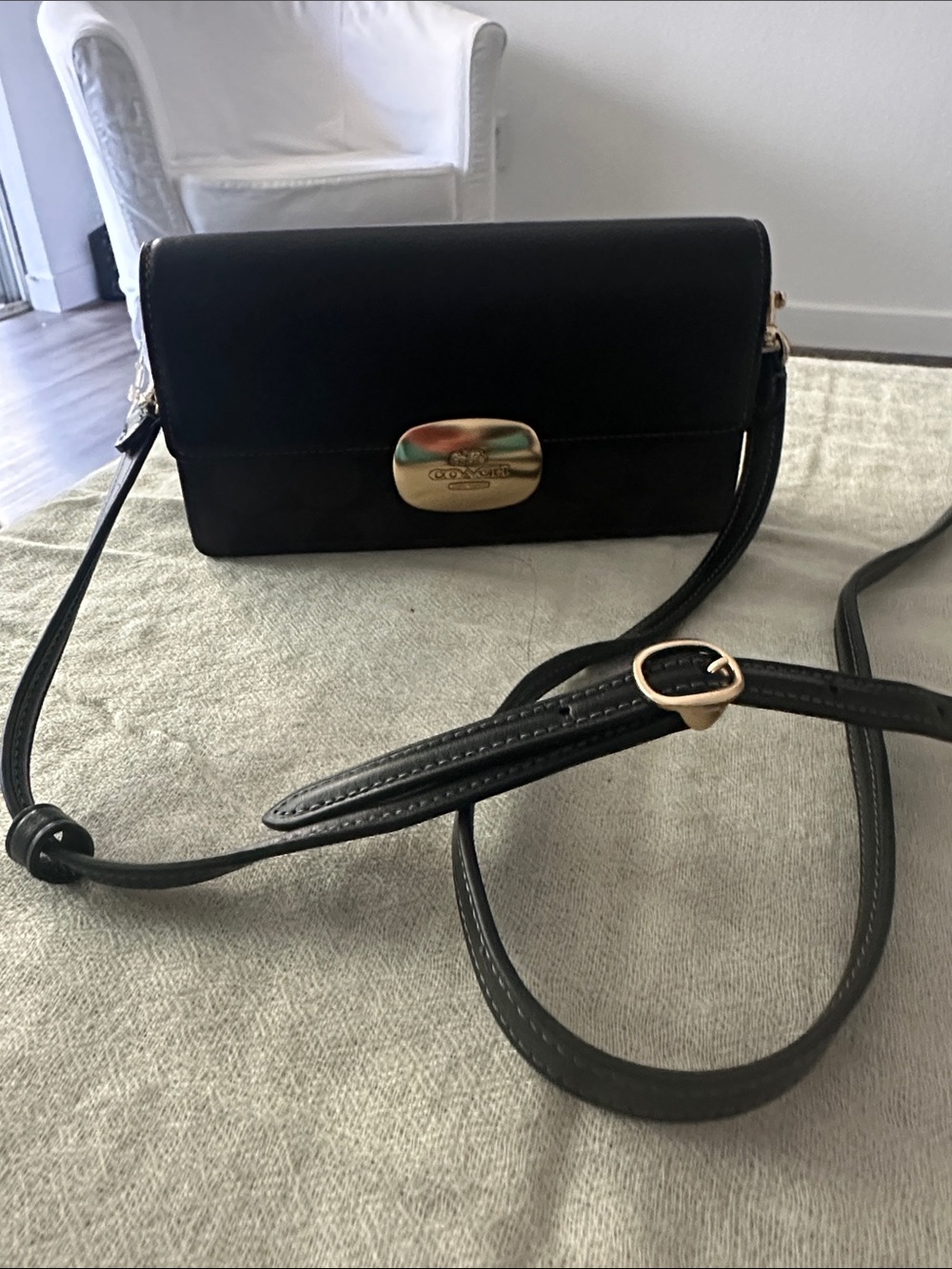 Coach Signature and Black Leather Crossbody with Gold-Tone Clasp